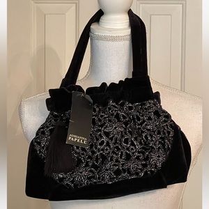 Adrianna Papell Velvet Holiday Purse Black Silver Metallic Appliqué Embroidered